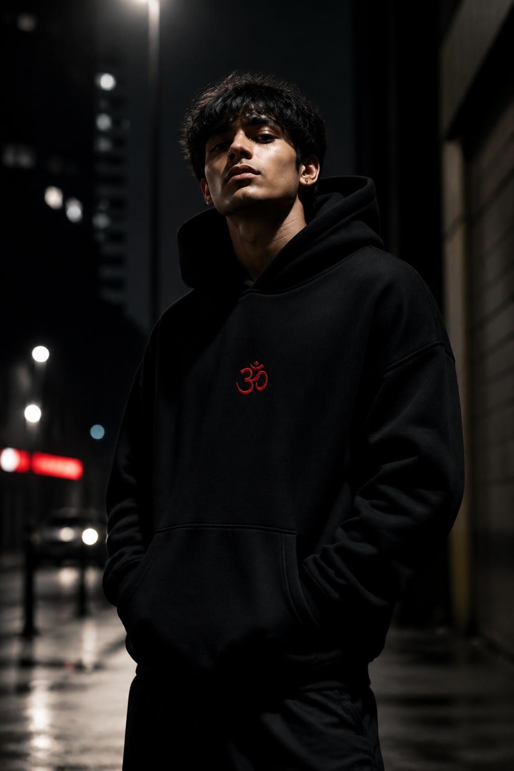 Stoic young man wearing the black Dharma hoodie with a red Om emblem