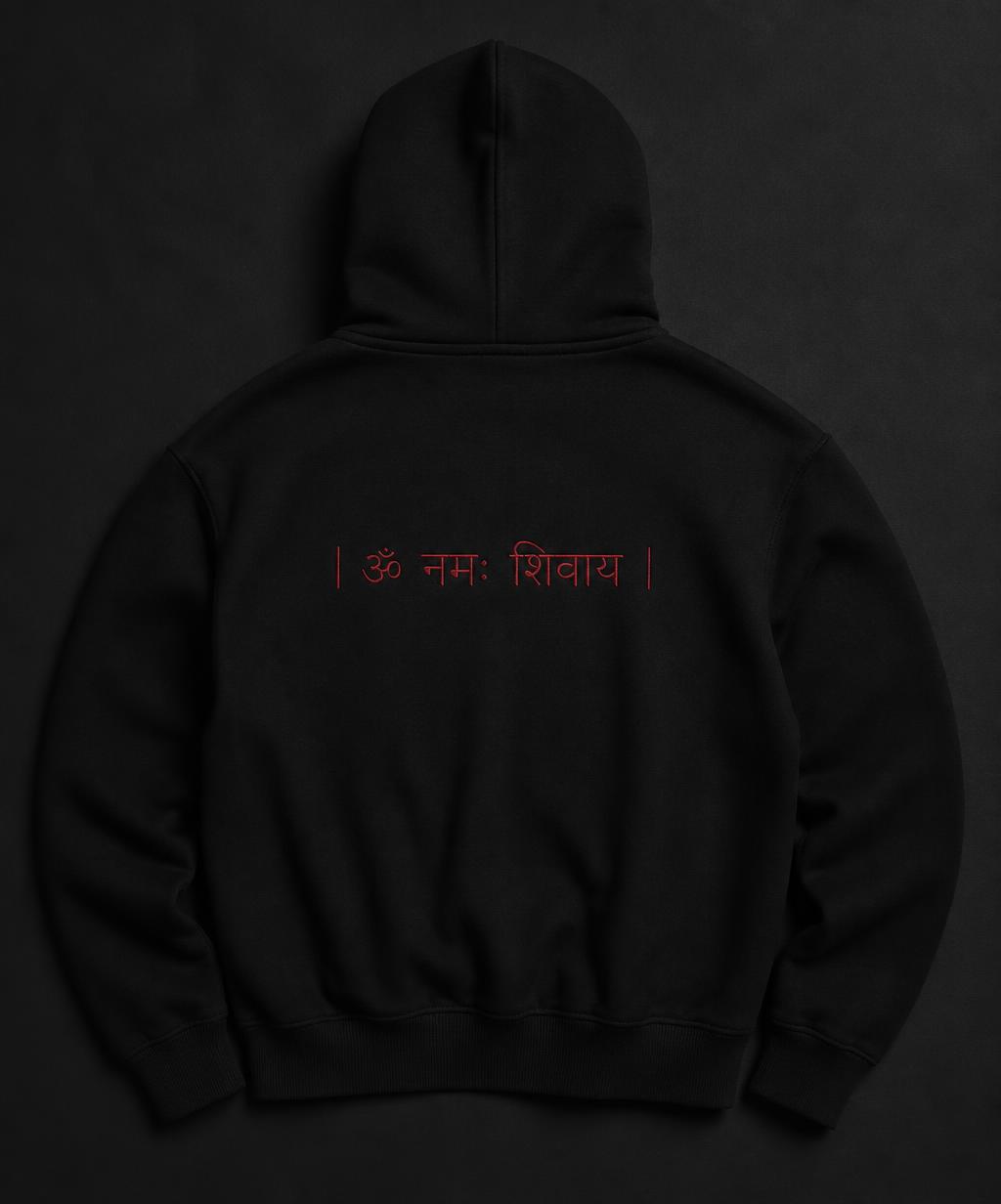 Black Agni pullover hoodie with red Hindu mantra embroidery