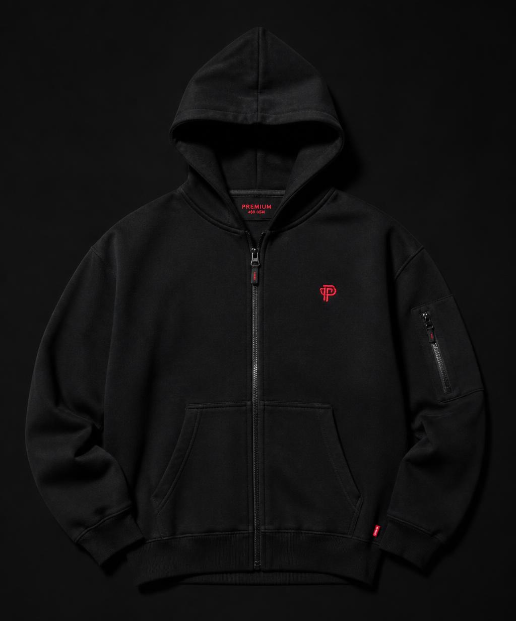 Black Vayu zip-up hoodie with red accents